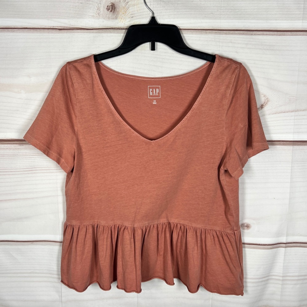 Gap Peplum Top Womens XS Orange‎ Solid V-Neck Short Sleeve Cotton Slub T-Shirt